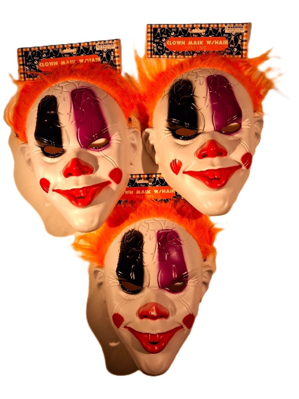 CLOWN MASK WITH HAIR Lot of 3 Adult size New White face Orange Hair Hard Plastic